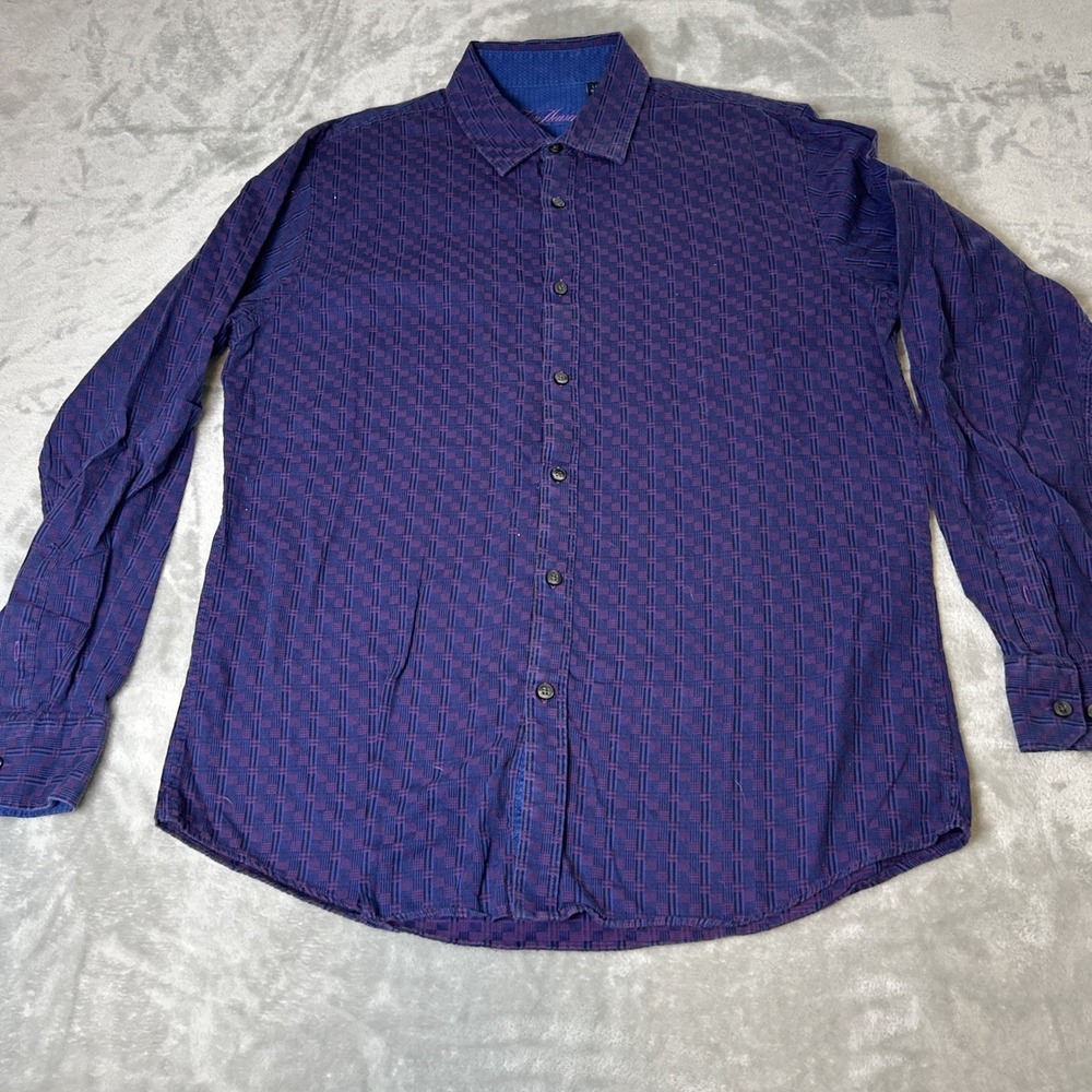 Van Heusen Shirt Mens L 16-16.5 Blue Purple Plaid Button Down 100% Cotton